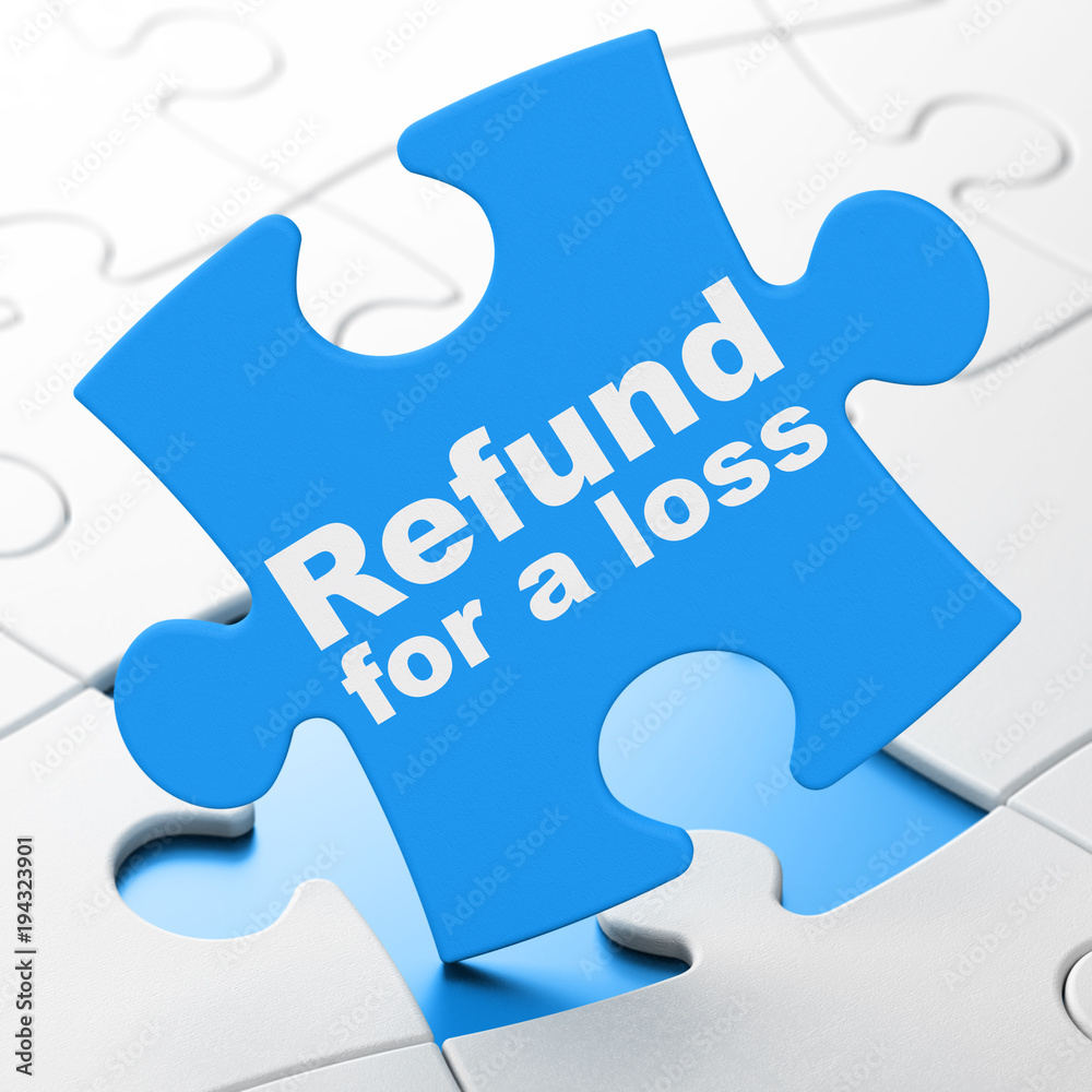 Insurance concept: Refund For A Loss on Blue puzzle pieces background, 3D rendering Insurance concept: Refund For A Loss on Blue puzzle pieces background, 3D rendering