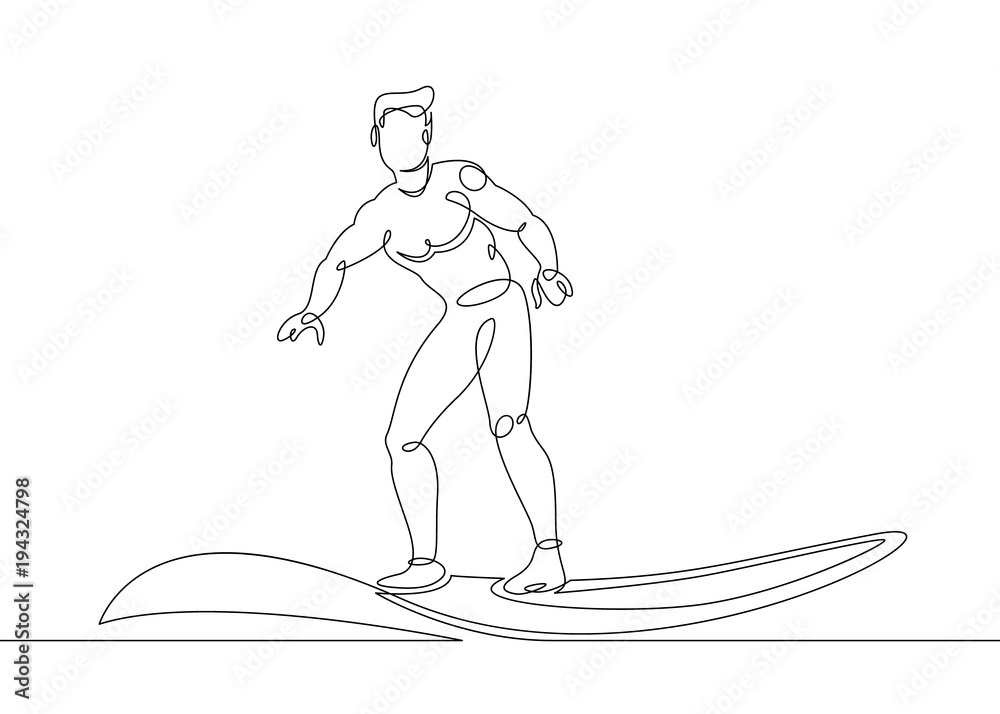 Continuous one single drawn surfer line on a surfboard on the crest of a wave on the beach