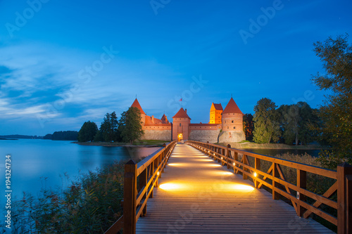 Trakai Castle at night - Island castle in Trakai is one of the most popular touristic destinations in Lithuania, houses a museum and a cultural center.