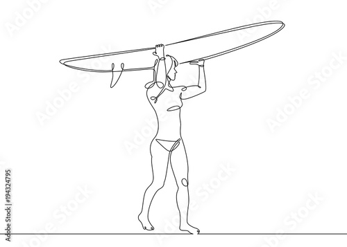 Continuous one single drawn surfer line on a surfboard on the crest of a wave on the beach