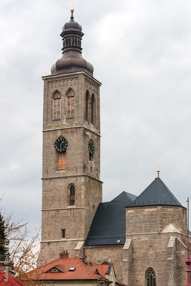 View of the tower of Saint James cathedral in Kutna Hora, Bohemia