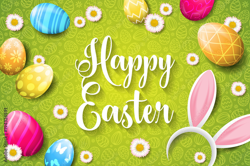 Naklejka premium Happy easter background with easter bunny and easter eggs decoration