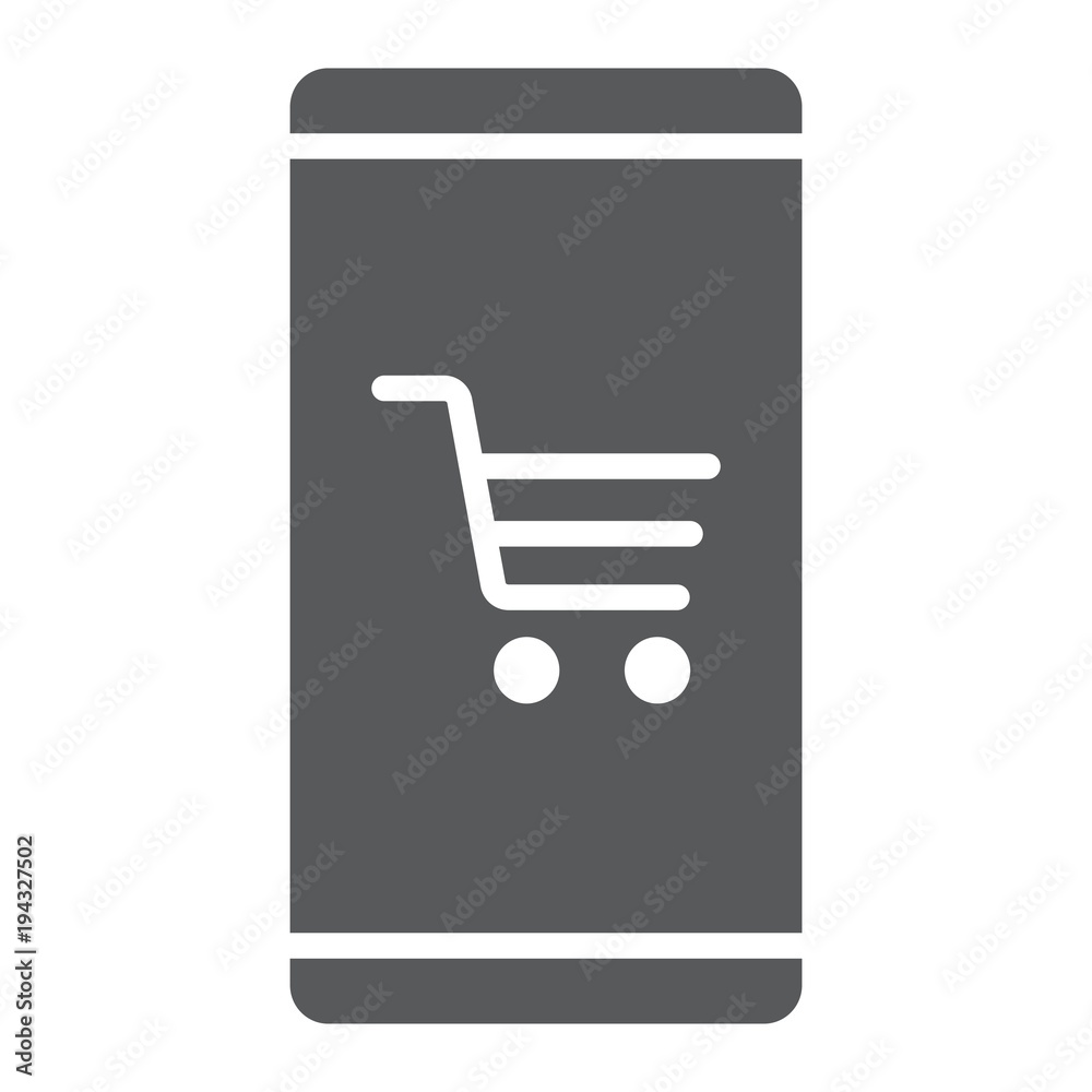 Smartphone with open store application glyph icon, e commerce and marketing, online buy sign vector graphics, a solid pattern on a white background, eps 10. Smartphone with open store application glyph icon, e commerce and marketing, online buy sign vector graphics, a solid pattern on a white background, eps 10.