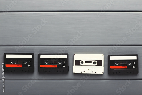 Creative background with audio cassettes of different colors © Prostock-studio