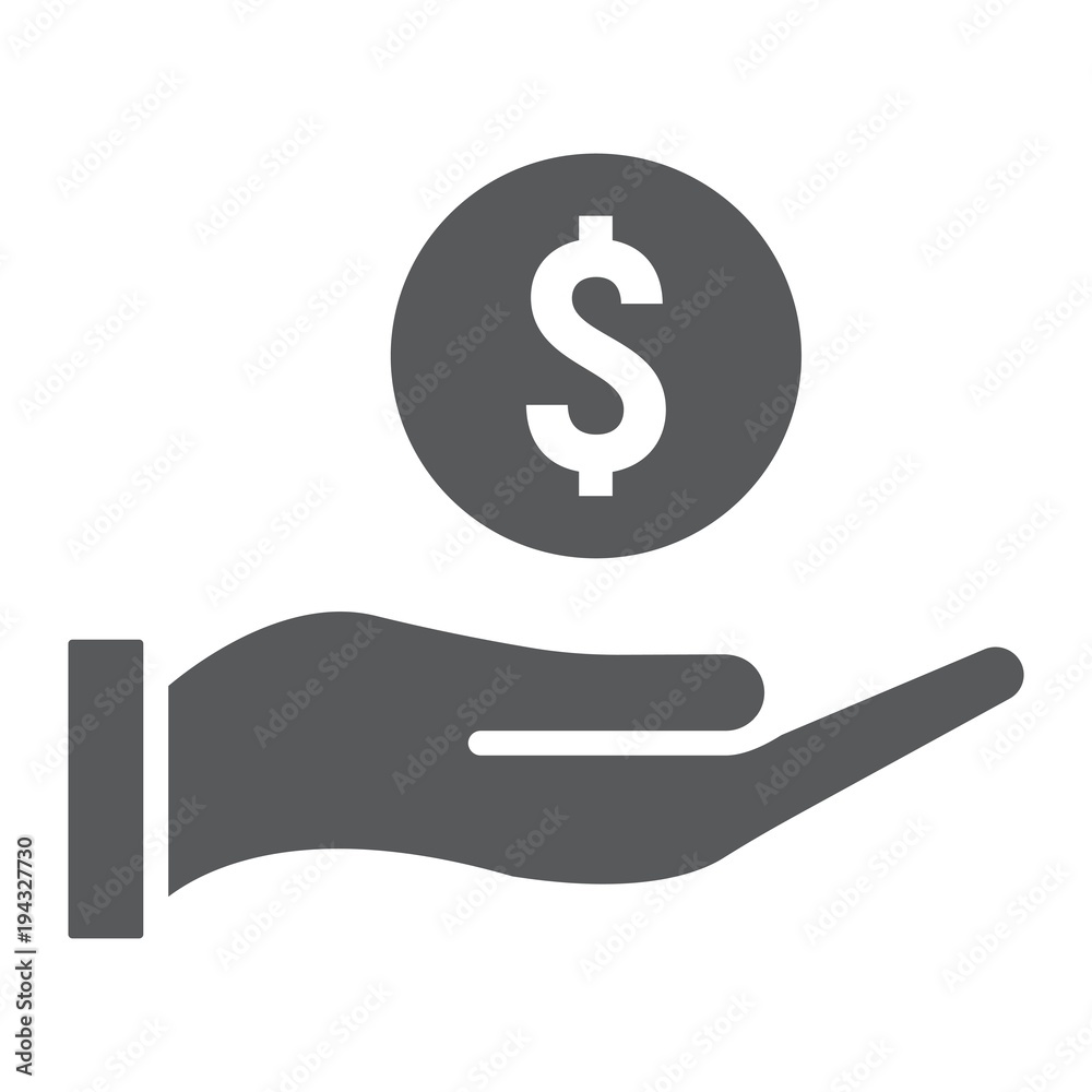 Coin in hand glyph icon, e commerce and marketing, savings sign vector graphics, a solid pattern on a white background, eps 10. Coin in hand glyph icon, e commerce and marketing, savings sign vector graphics, a solid pattern on a white background, eps 10.