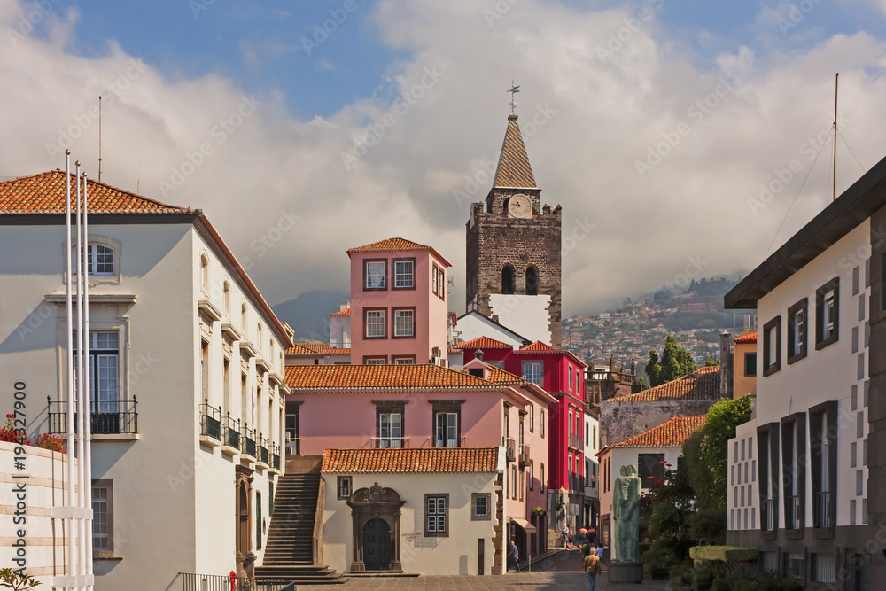 The old historic town center of Funchal, Madeira island, Portugal. Funchal cityscape. City trip and travel concept.