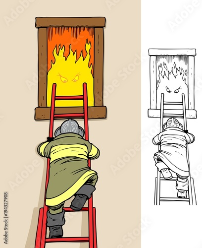 Fireman climbing a ladder to fight a fierce fire, comes with bonus black outline version