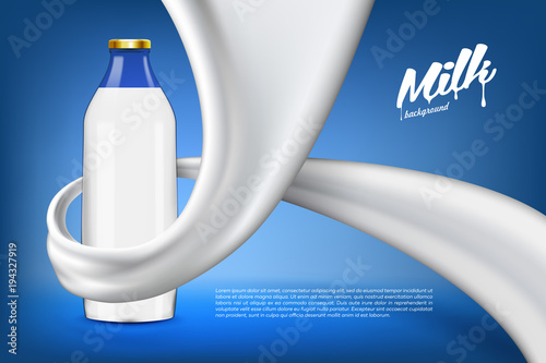 Vector milk background banner  ready mockup for your design. Beverage product concept realistic illustration with milk or yogurt swirl and full glass bottle.