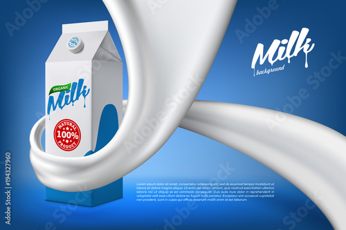 Vector milk background banner, ready mockup for your design. Beverage product concept realistic illustration with milk or yogurt swirl and packaging carton box.