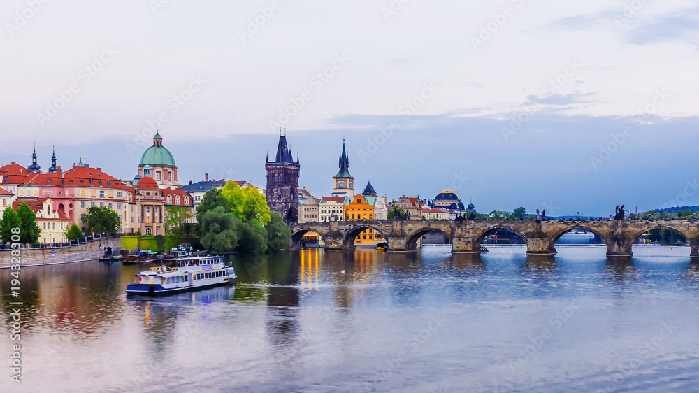 Obraz premium evening view of the Charles Bridge in Prague
