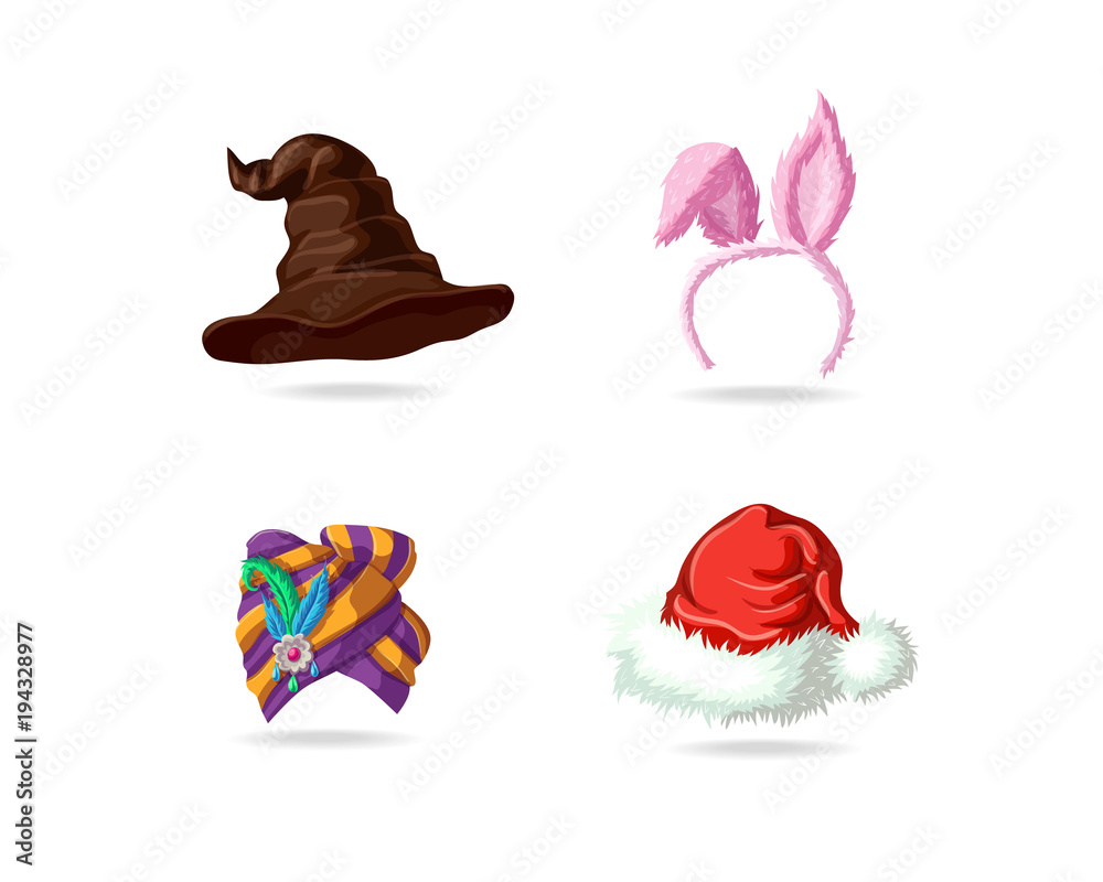 Set of bright magic caps. Witch Hat for Halloween. Easter mask with rabbit ears. Bright east turban. Santa Claus Christmas hat. Design of Holiday Caps Icons. Vector Illustration. Set of bright magic caps. Witch Hat for Halloween. Easter mask with rabbit ears. Bright east turban. Santa Claus Christmas hat. Design of Holiday Caps Icons. Vector Illustration.