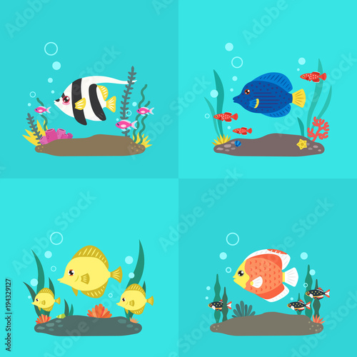 Fish and seaweed flat style illustrations set. Part one.