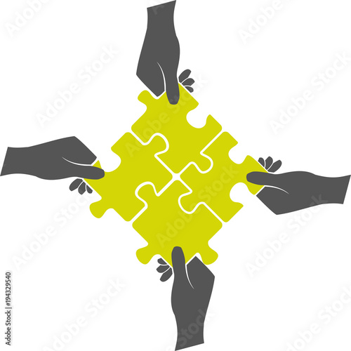 Hands put together puzzle isolated on white background teamwork idea solution concept