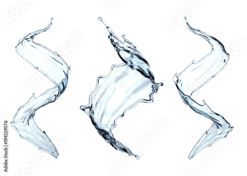 3d render, clean and clear water splash, wave, pure liquid clip art, isolated on white background