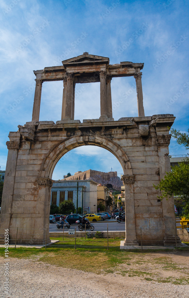 Hadrian's Gate in the center of Athens Greece. The Arch of Hadrian spanned an ancient road from the center of Athens to the complex of structures of the city that included the Temple of Olympian Zeus