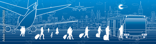 Airport panorama. Passengers go to the bus. Aviation travel transportation infrastructure. The plane is on the runway. Night city on background, vector design art