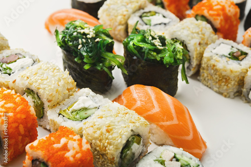 Set of sushi rolls, maki on white background