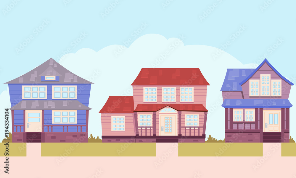 Classic wooden houses of the American suburbs. Flat design. Vector illustration