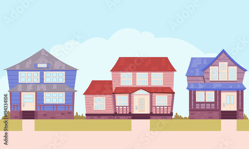 Classic wooden houses of the American suburbs. Flat design. Vector illustration © Marharyta Pavliuk