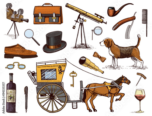 Gentleman accessories hand drawn set. Victorian era. binoculars and camera, briefcase, cufflinks, pouch, ring, sunglasses, carriage with horse, wrist watch, brogues, cigars, shaving brush, dog beagle.