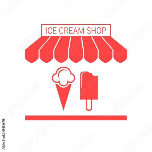 Ice Cream Shop, Frozen Yogurt Single Flat Vector Icon. Striped Awning and Signboard