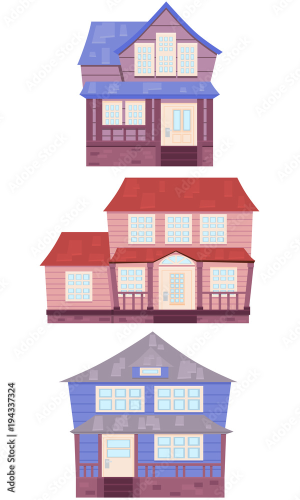 Set of wooden houses of the American suburbs. Flat design. Vector illustration