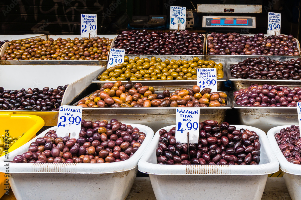 Close up of mixed Greek olives in the market in Athens Greece