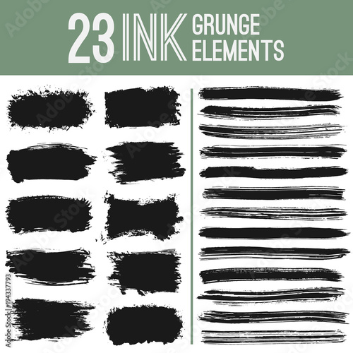 Grunge ink elements. Art brushes. Graphic dirty, messy, sloppy vector lines and splashes.
