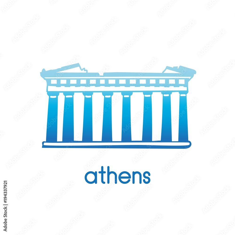 Hand drawn vector illustration Parthenon Athens with hand drawn doodle greek symbol. Simple minimalistic logo and icon design in national greek blue color gradient isolated on white. 