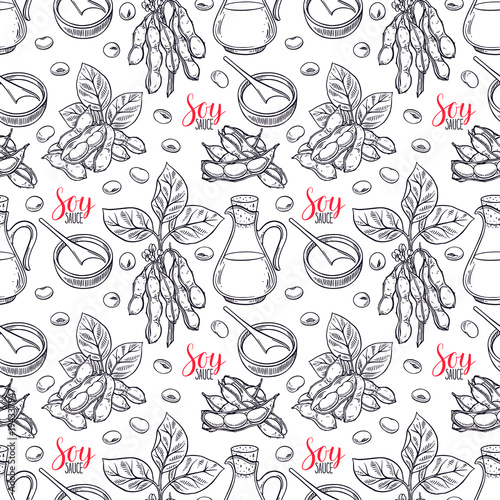 cute seamless background of soybeans and soy sauce. hand-drawn illustration