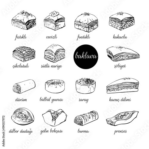 Big set of vector hand drawn illustrations with turkish dessert Baklava. Assorted sweets black outline isolated on white. Mix of different pastry products for menu, card, flyer, poster design