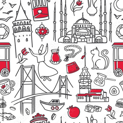 Istanbul symbols. Hand drawn vector seamless pattern with black outline doodles and red color on white background. Modern clear line design for touristic print, backdrop, wrapping paper or wallpaper.