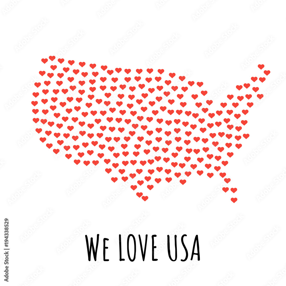 United States Map with red hearts- symbol of love. abstract background with text We Love United States. vector illustration. Print for t-shirt
