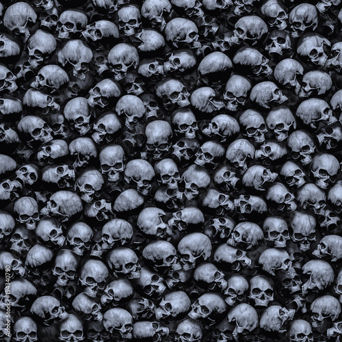 Gothic skulls background / 3D illustration of dark grungy human skulls piled closely together