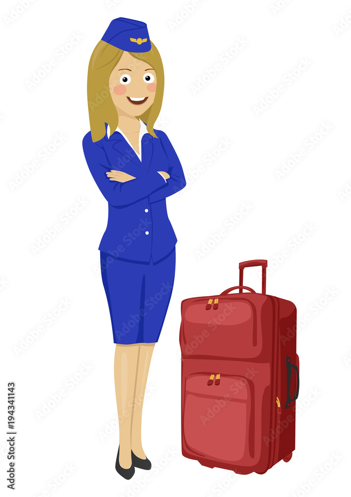 Young beautiful air hostess with suitcase isolated on white background Young beautiful air hostess with suitcase isolated on white background