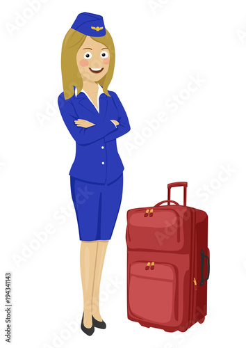Young beautiful air hostess with suitcase isolated on white background