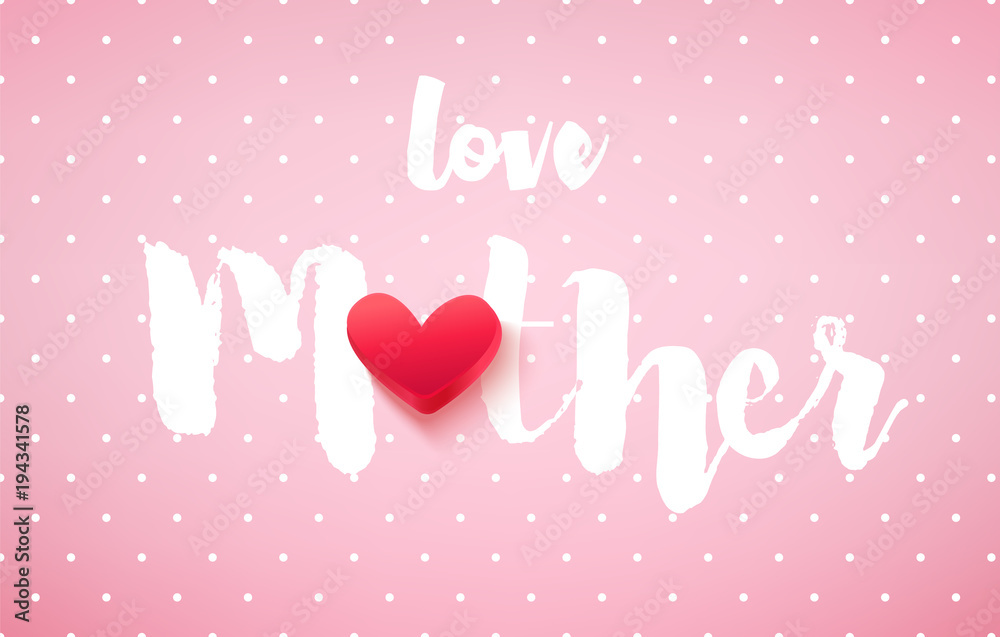 Greeting card in polka dot for Mother's day with red heart and text on pink background. Vector banner.