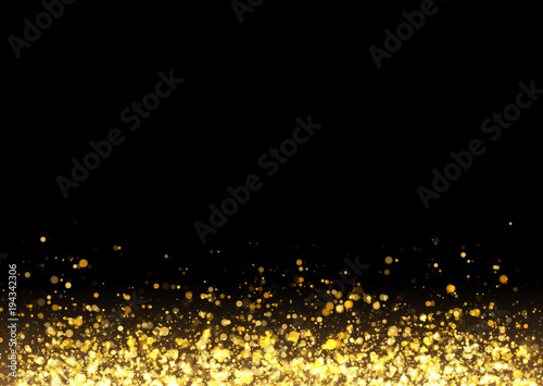 Gold glitter texture. Irregular confetti border on a black background. Christmas or party flyer design element. Vector illustration.