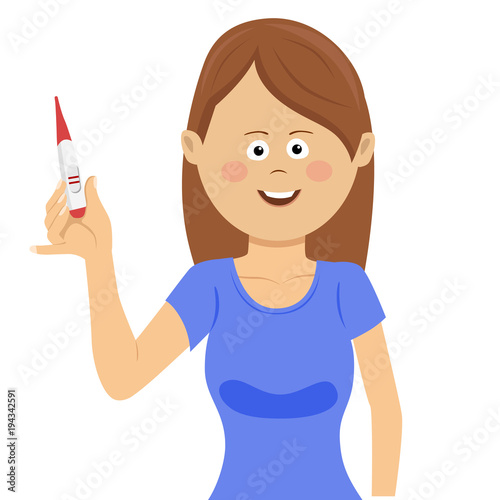 Happy woman showing positive pregnancy test. Pregnancy, fertility, maternity and people concept.