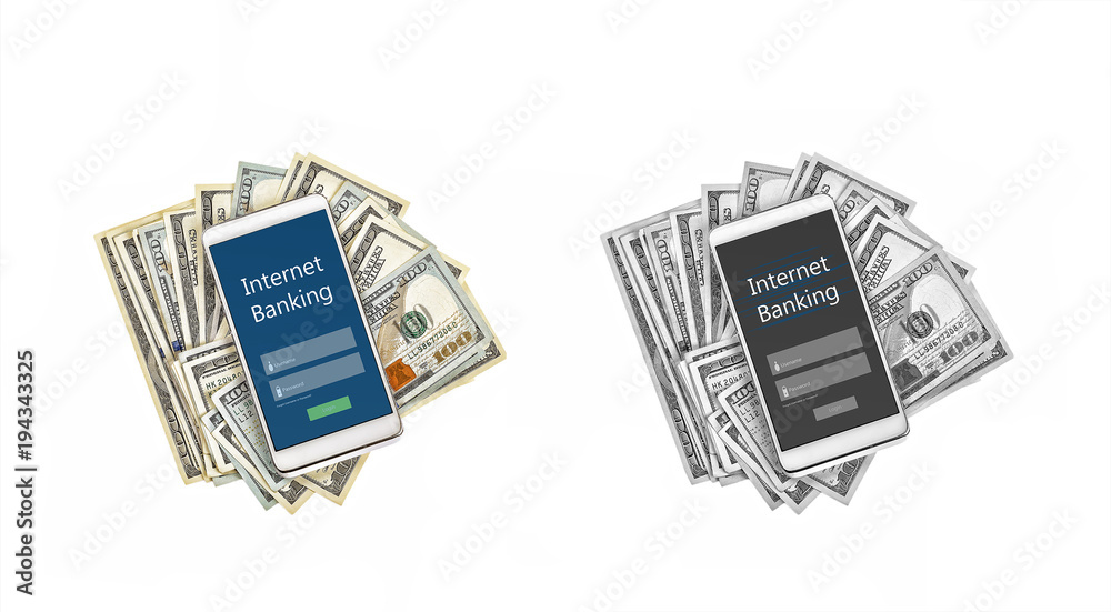 Internet Banking, Online Payment Technology, Concept, Finance, Banking, White smartphone, cashless settlement, dollar bills, Isolated on white. Internet Banking, Online Payment Technology, Concept, Finance, Banking, White smartphone, cashless settlement, dollar bills, Isolated on white.