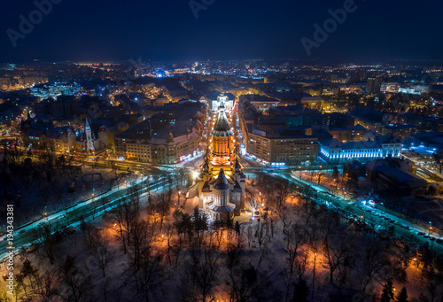 Winter night aerial view from Timisoara taken by a professional drone - Timișoara Orthodox Cathedral in middle