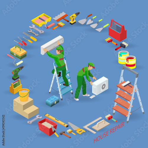 Air conditioning service. Isometric interior repairs concept.