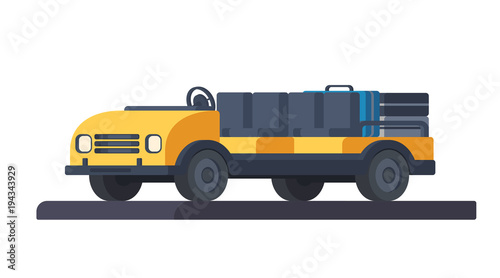 Airport electric baggage cart. Autocar vehicle for cargo and individual passengers transportation. Air station transportation car. Service for passengers.