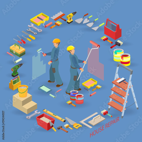 Isometric interior repairs concept. Decorators are painting the 