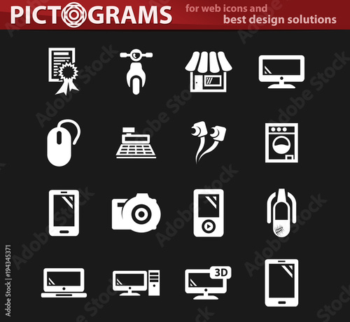 Supermarket electronic white icons set