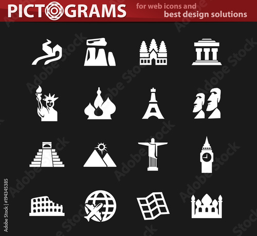 Travel and Wonders white icons set