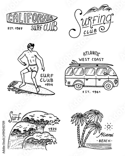 Surf badge and wave, palm tree and ocean. tropics and california. man on the surfboard, summer on the beach and the sea. engraved emblem hand drawn. Banner or poster. sports in Hawaii.