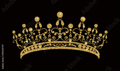 Glittering Diadem. Golden tiara isolated on black background.