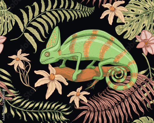 Chameleon Lizard, tropical flowers, seamless pattern. American green reptile or snake, herbivorous. vector illustration for book or pet store, zoo. engraved hand drawn in old sketch.