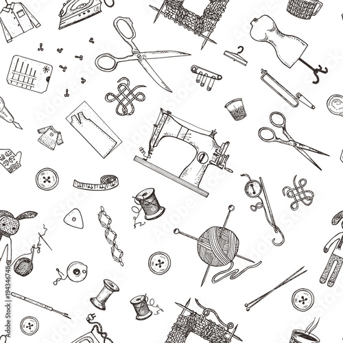 seamless pattern of sewing tools and materials or tools for knitting or crochet for needlework. Handmade equipment. Tailor shop. engraved hand drawn realistic in old vintage sketch.